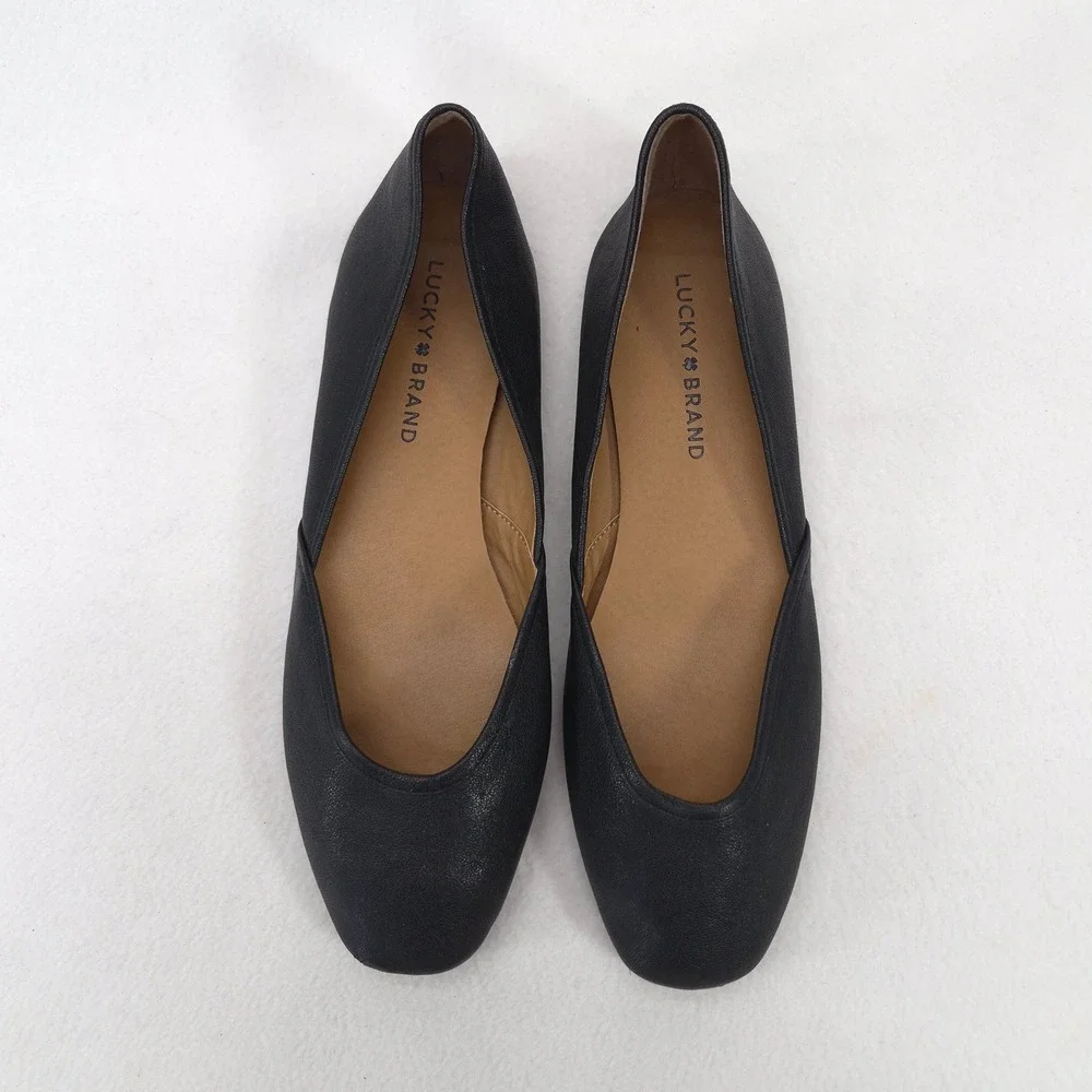 Lucky Brand Black Leather Square Toe Ballet Flats Shoes Womens 8